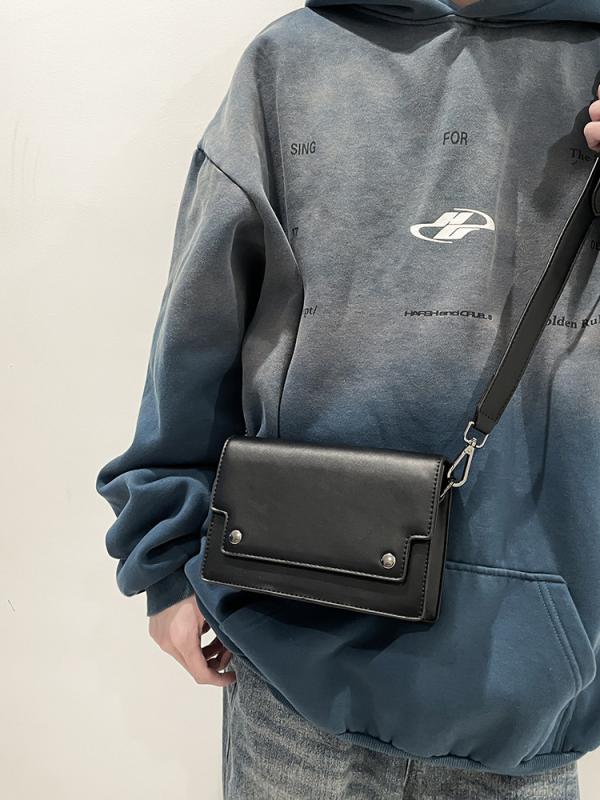 ボックス型ショルダーバッグ ユニセックス 斜めがけ カジュアル レトロ風 携帯電話 PUレザー ブラック