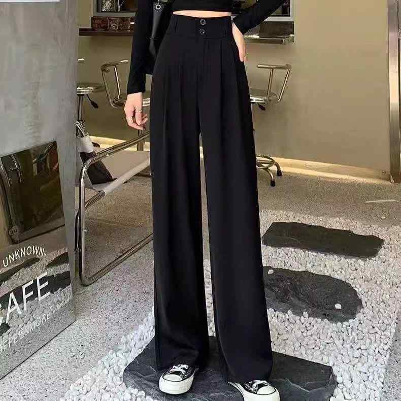 パンツ レディース 黒 ダブルボタン カジュアル ストレート ポリエステル 高腰 垂れ感 着痩せ 美脚 ワ..