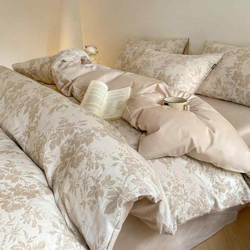 布団カバー ベッドシーツ 4点セット 綿100% 提花 寝具セット 植物花柄 1.2m 1.5m 1.8m 2.0m ベッド用 モダン シンプル コーヒー色 緑色 紫色 グレー ブルー ピンク