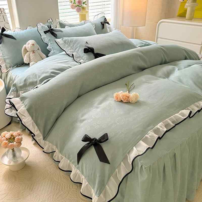 寝具 レディース プリンセス風 布団カバー ベッドスカート 4点セット 接触冷感 磨毛 レース フリル か..