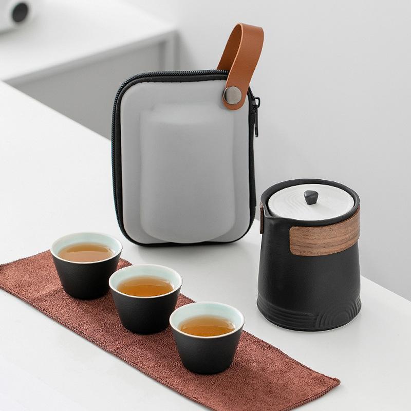 茶器 携帯用茶器セット 陶器 枯山水柄 快客杯 ティーセット 湯呑み 3客 ブラック グリーン 青色
