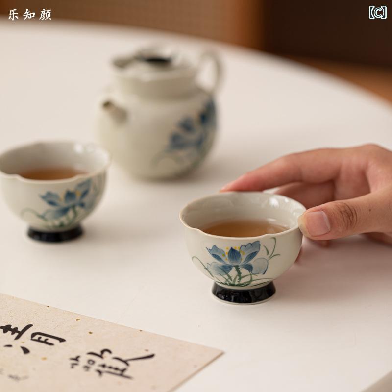 茶器 レディース 陶器 功夫茶 茶道具 急須 湯呑み セット 手描き 蘭柄 ハス柄 収納バッグ付き 携帯用 旅行用
