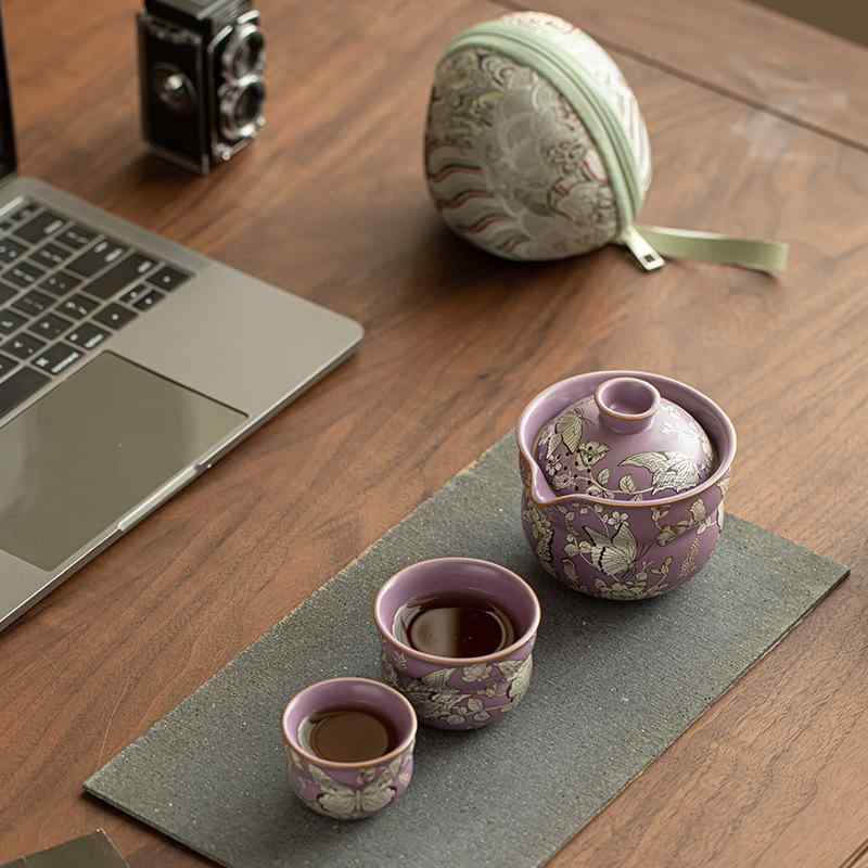 茶器セット レディース 陶器 蝶 紫色 ティーセット 急須 湯呑み 2客 ポータブル 携帯式 茶道具 露營 ピクニック 旅行 レトロ