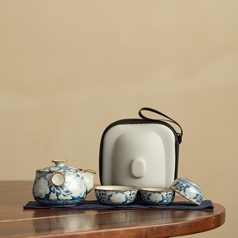 茶器 新中式 汝窑 元青花 銅銭模様 携帯用 旅行茶器セット ティーポット カップ 3点セット 陶瓷 徳化 快客杯