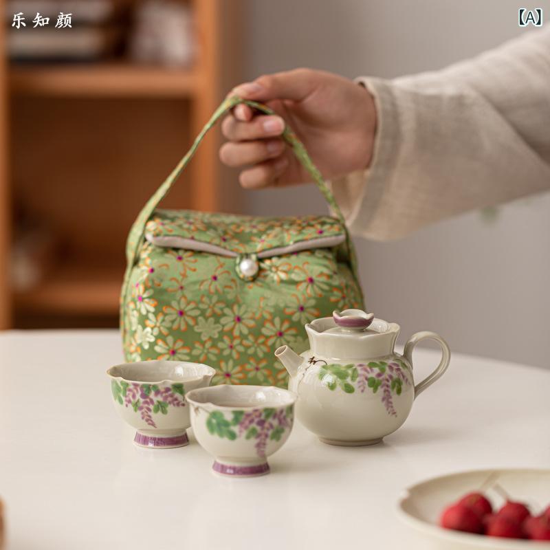 茶器 携帯用茶器 陶瓷 功夫茶器セット 紫葡萄 手描き 急須 湯呑み 収納バッグ付き ...