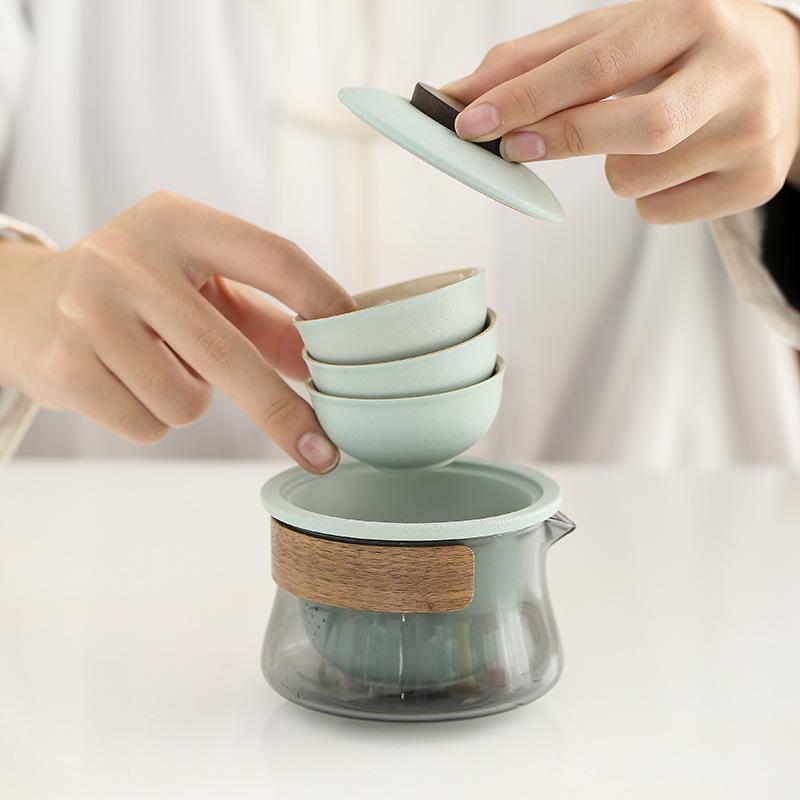 茶器 携帯用茶器セット 陶器 ガラス製 急須 湯呑み 3点セット アウトドア ティーセット(4)