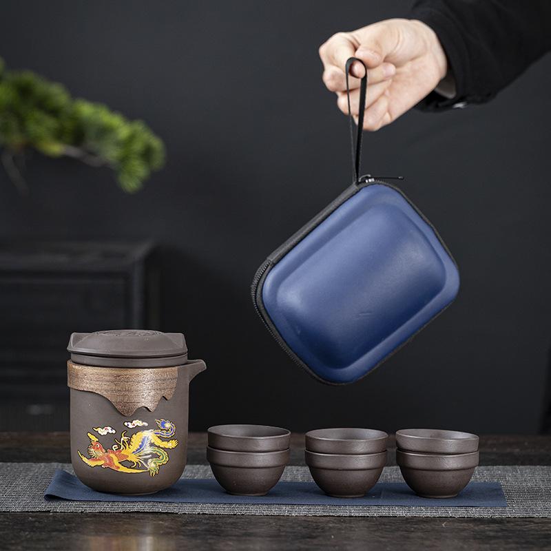 茶器 アウトドア 旅行用 茶器セット 携帯式 茶具 紫砂 陶器 急須 湯呑み 6客セット 加熱変色