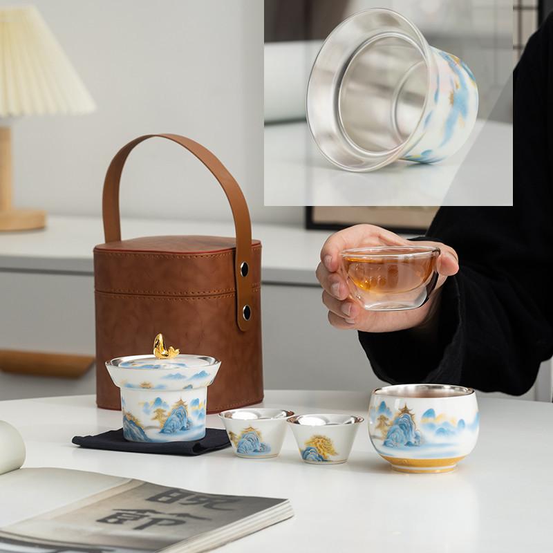 茶器 収納バッグ ポータブル 携帯用 茶碗 セット 陶器 ティーセット 旅行用 湯呑み 急須 新中式 湯呑みセット 茶道