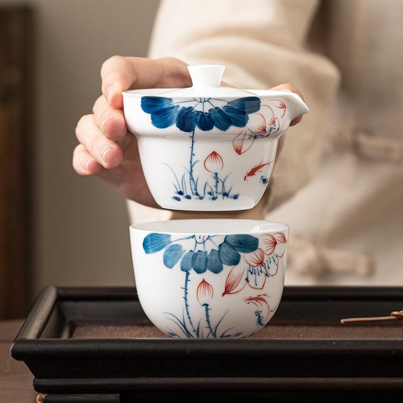 茶器 新中式 携帯型 茶器セット 陶瓷 煎茶道具 手描き 青竹 湯呑み 1客 急須 アウトドア キャンプ 旅行