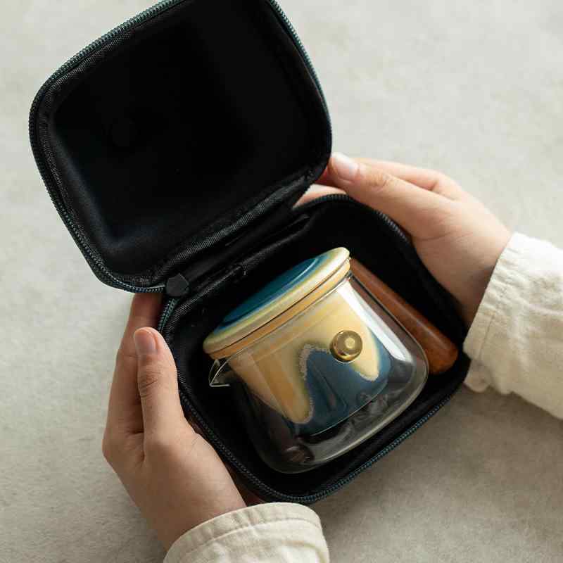 茶器 携帯式茶器セット 陶器 ティーポット カップ3個 サイドハンドル 山野緑 山海藍 アウトドア