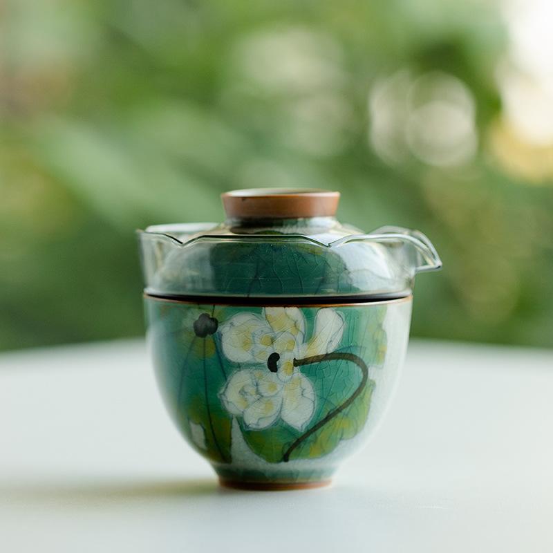 茶器 レディース 陶器 portable 茶具 セット 氷片釉 夏荷柄 手描き 急須 湯呑み 軽量 ティーセット 通勤 普段使い