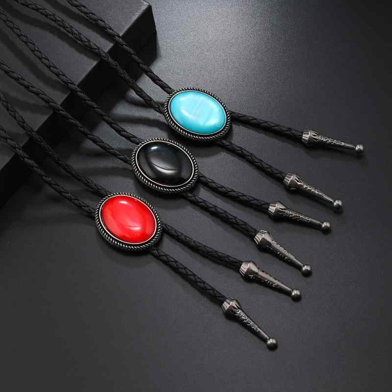 ネックレス 男女兼用 レザー ペンダント 幾何学模様 合金 ボヘミアン アクリル 宝石 レトロ 黒 ブラック 青 ブルー 赤 レッド ストーン 長め インパクト 普段使い