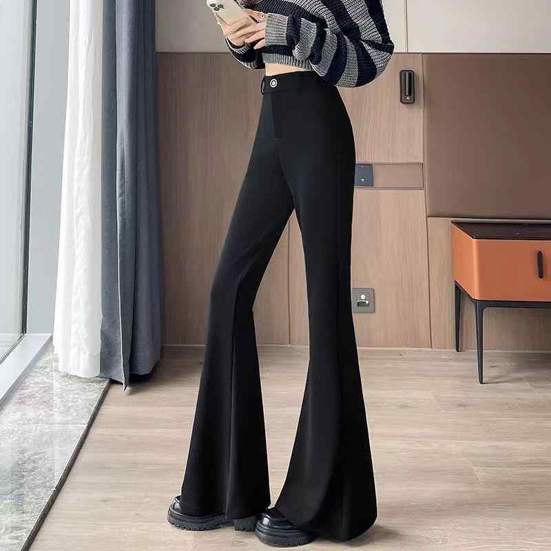 パンツ レディース ポリエステル 高腰 伸縮性 微フレアパンツ ワイドレッグパンツ スラックス 春夏 カジュアル 通勤 ブラック きれいめ 美脚