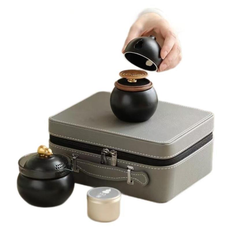 茶器 携帯用茶器セット 陶器 葫芦(ひょうたん)型 ティーセット 急須 湯呑み 3点セット 家庭用 アウトドア 白 黒