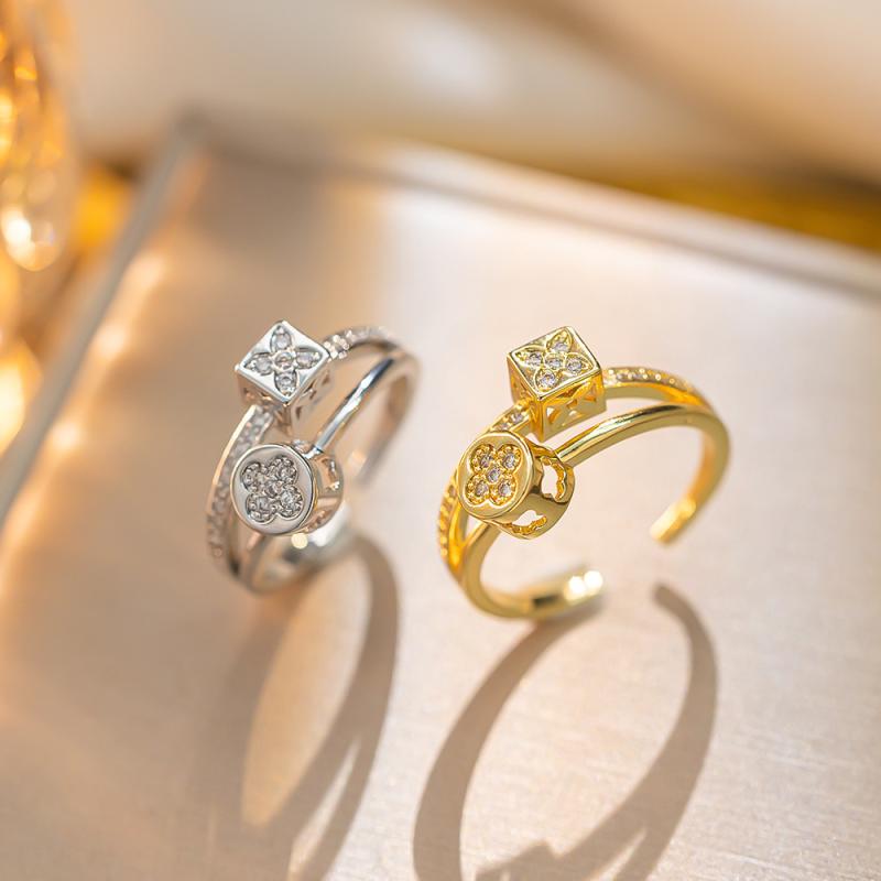 指輪 レディース ジルコニア チタン鋼 幸運の四つ葉クローバー リング ゴールド/シルバーカラー ファッションアクセサリー 幾何学模様 アレルギー対応 エレガント 普段使い パーティー(4)