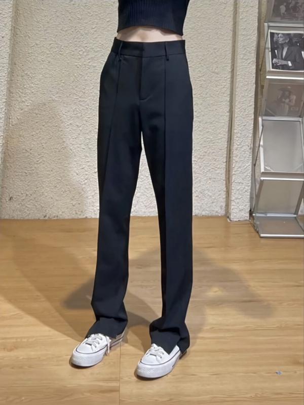 パンツ レディース 黒 高見え カジュアルパンツ デザイン 高身長 小柄 ポリエステル 高腰 ハイウエスト 美脚 脚長効果 ストレートパンツ スラックス ロングパンツ