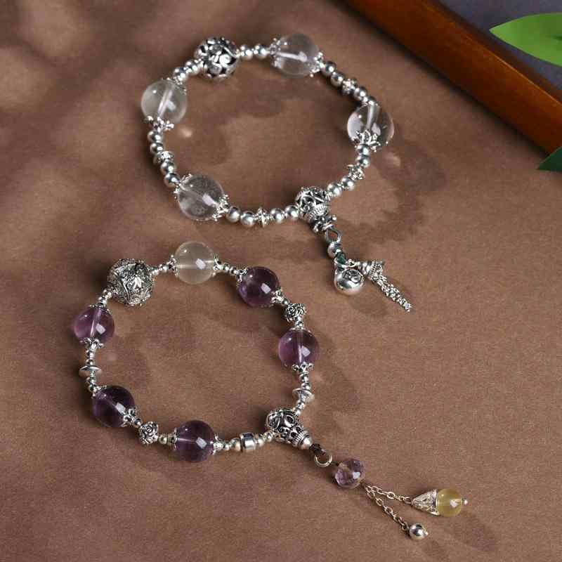 楽天シャドーテールブレスレット 男女兼用 シルバー グリーンファントム アメジスト レトロ タッセル 水晶 民族風