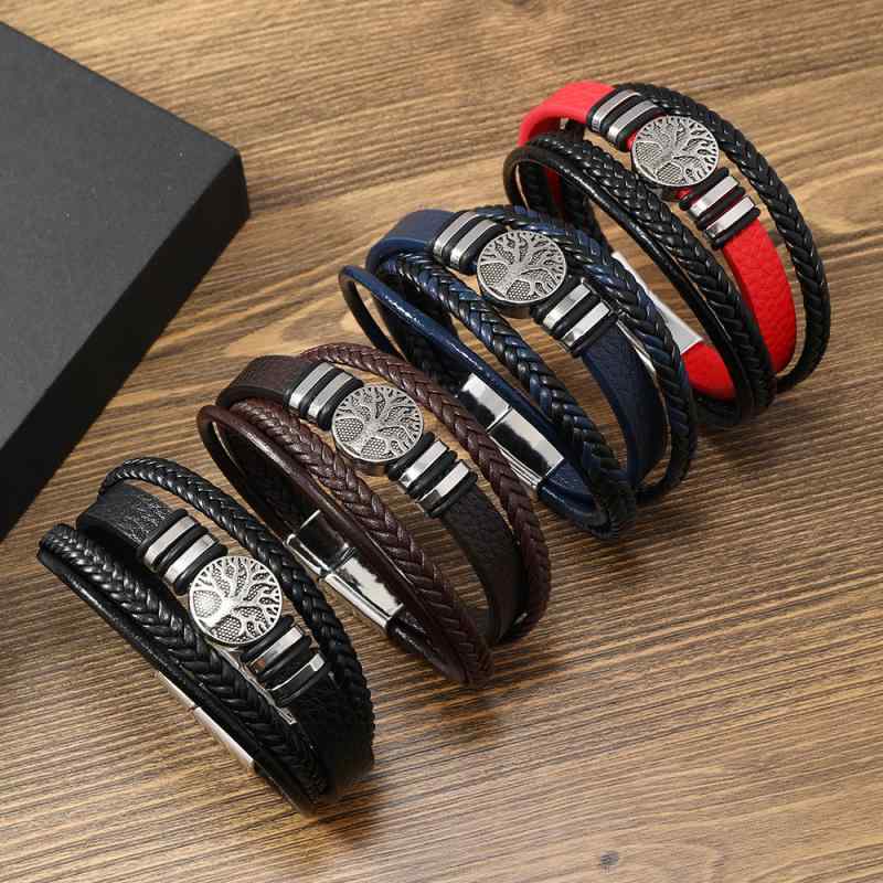 ブレスレット メンズ 男性用 レザー 生命の樹 合金 アクセサリー ハンドメイド 手編み マグネットボタン留め レッド ブラック ダークブラウン ネイビー レトロ 幾何学模様 男女兼用