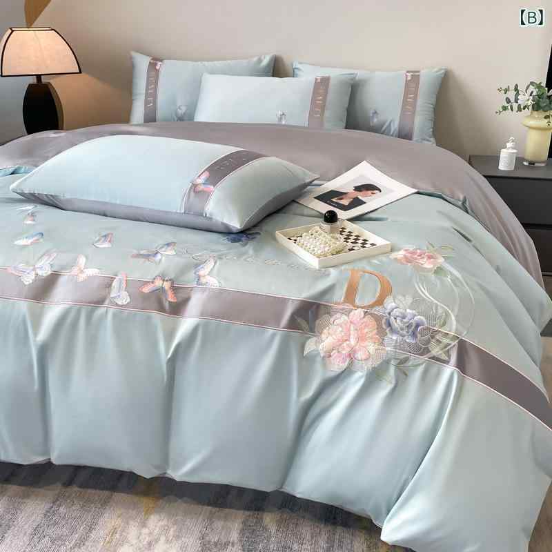 布団カバー ベッドシーツ セット 100番手 高級長綿100% ベッド用品 4点セット 刺繡 無地 花柄 白 蝶柄 1.5m 1.8m 2.0mベッド対応