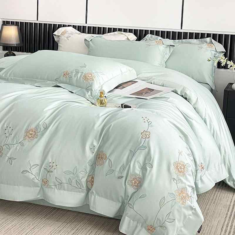 布団カバー ベッドシーツ 寝具 4点セット 高級 全綿 綿100% ベッド用 布団用 刺繡 シンプル 無地 120本..