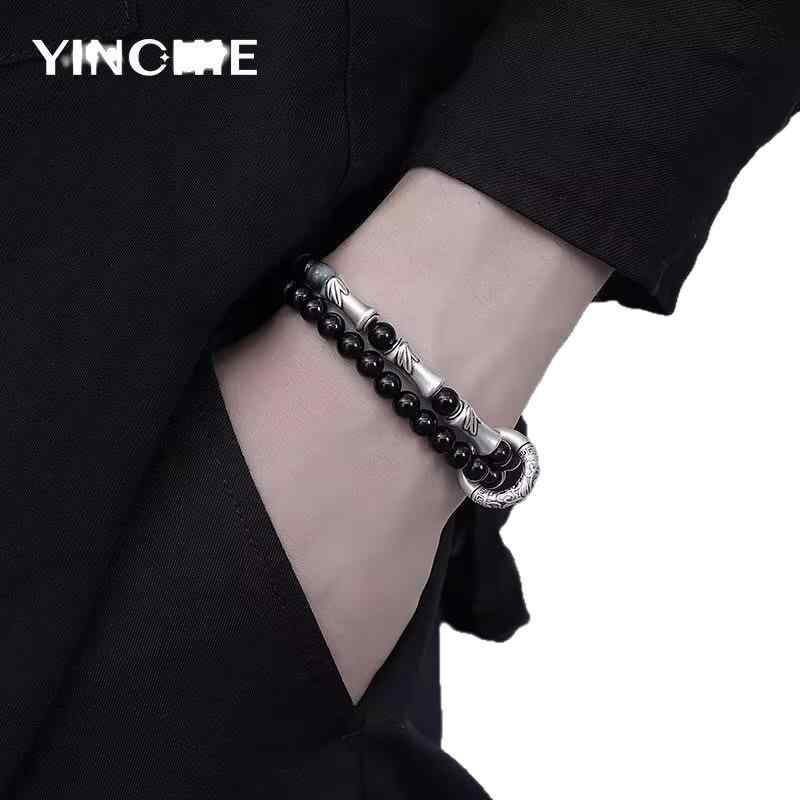 ブレスレット メンズ 999純銀 上岸竹節 黒曜石 オブシディアン ダブルレイヤー 男性用 腕輪 誕生日 ギフト 縁起物 アクセサリー