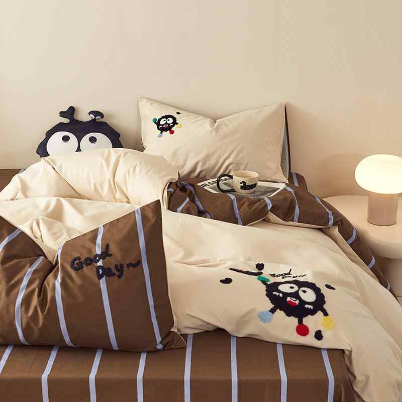 乐天商城 - 布団カバー ベッドシーツ 枕カバー 4点セット 厚手 純綿 タオル刺繍 無地 植物柄 花柄 1.2m 1.5m 1.8m