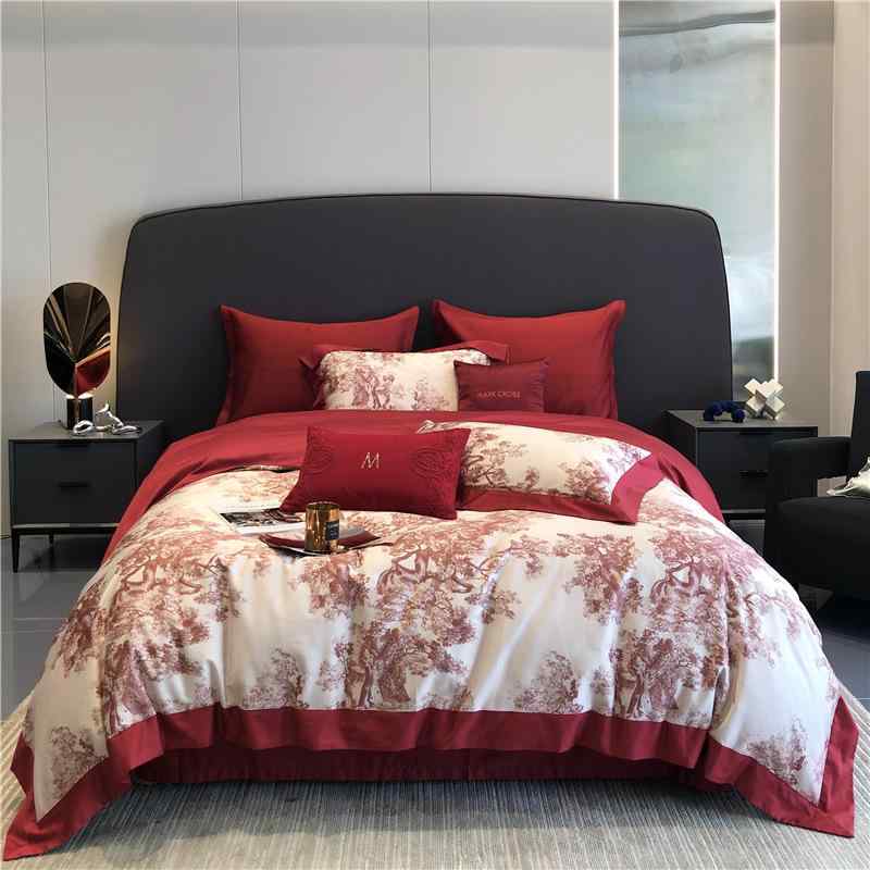 寝具カバーセット ベッドシーツ式 120本長絨綿 全綿 結婚祝い 赤色 花柄 春夏秋冬 1.5m 1.8m 2.0m ベッ..