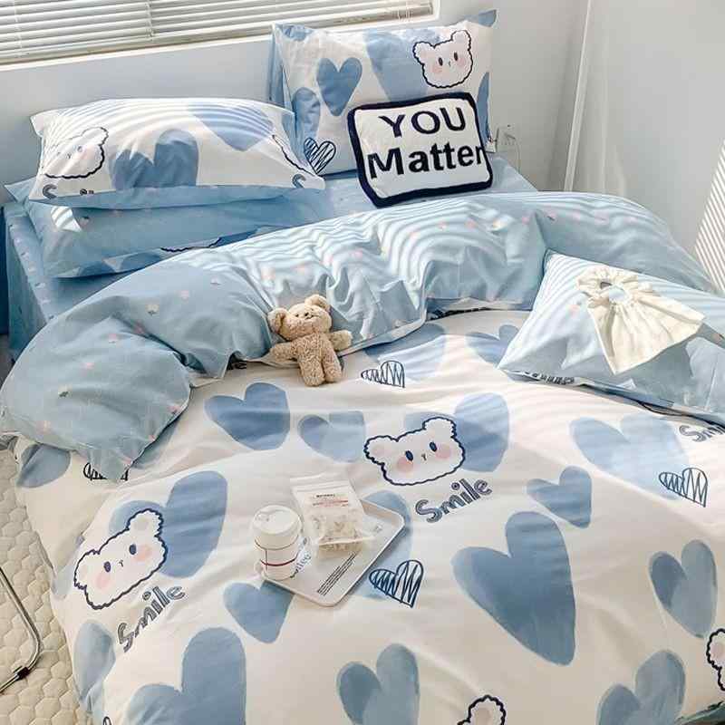 布団カバー ベッドシーツ 枕カバー 4点セット シングルサイズ ポリエステル 洗える 植物花卉柄 クマ柄 かわいい オレンジ 模様替え