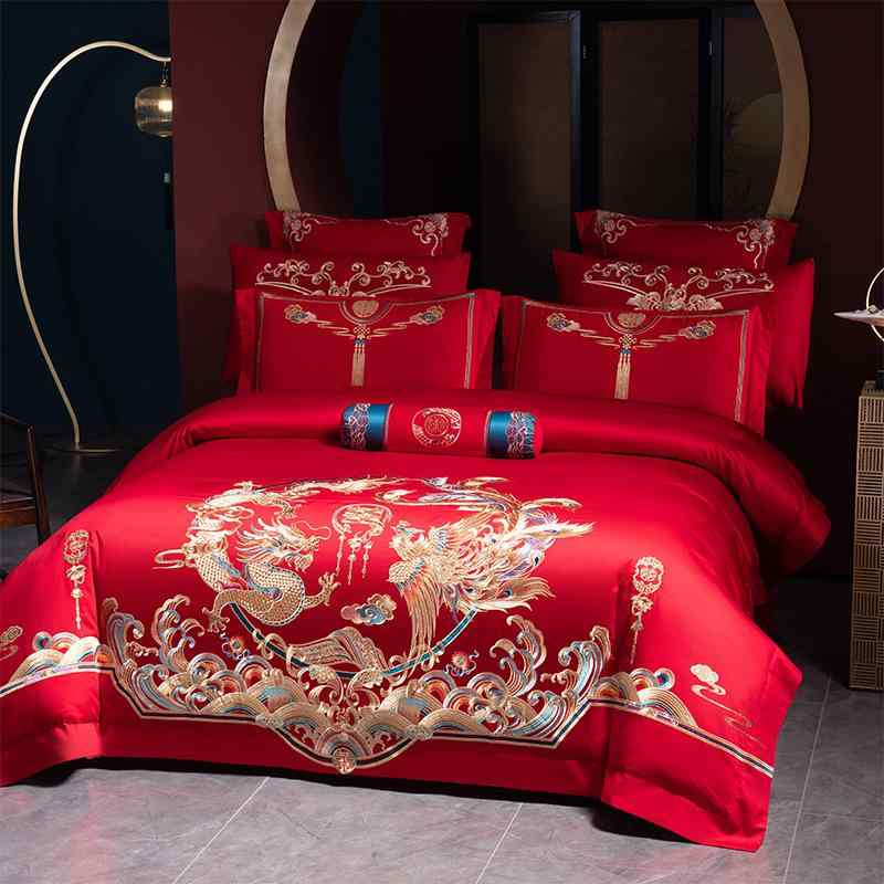 寝具 レディース 長絨綿 ベッドシーツセット 刺繍 新中式 ウェディング 寝具セット 綿100% 布団カバー..