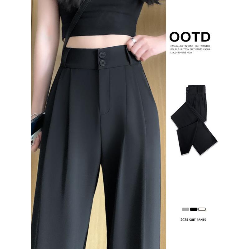 ズボン レディース 黒色 スーツパンツ 春夏 高腰 センタープレス ストレートパンツ スラックス ワイドレッグパンツ ゆったり ポリエステル シフォン 通勤 オフィス きれいめ 上品