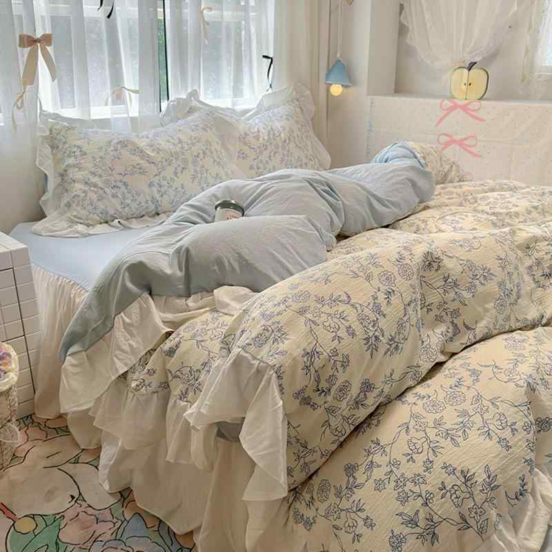 寝具 レディース 花柄 ベッドスカート 4点セット コットン100％ プリンセス風 フリル レース 布団カバー