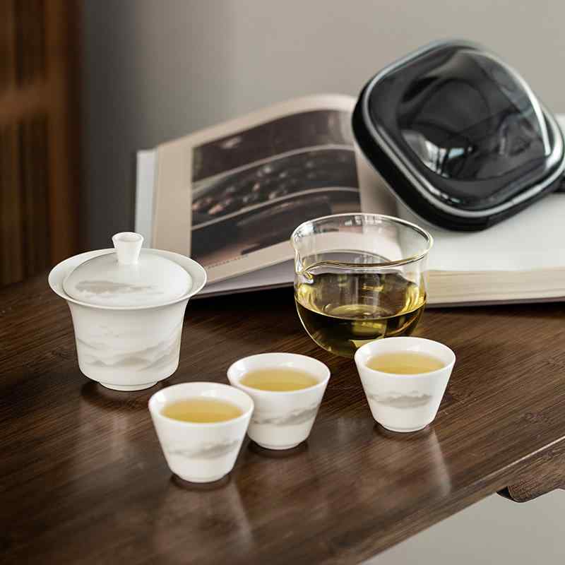 茶器セット 携帯用 陶瓷 功夫茶器 蓋碗 3客 記念品 贈答品 繁花 荷花 金玉満堂 千里江山 熊猫 ドラゴン 一鹿相伴 水墨山水 白色