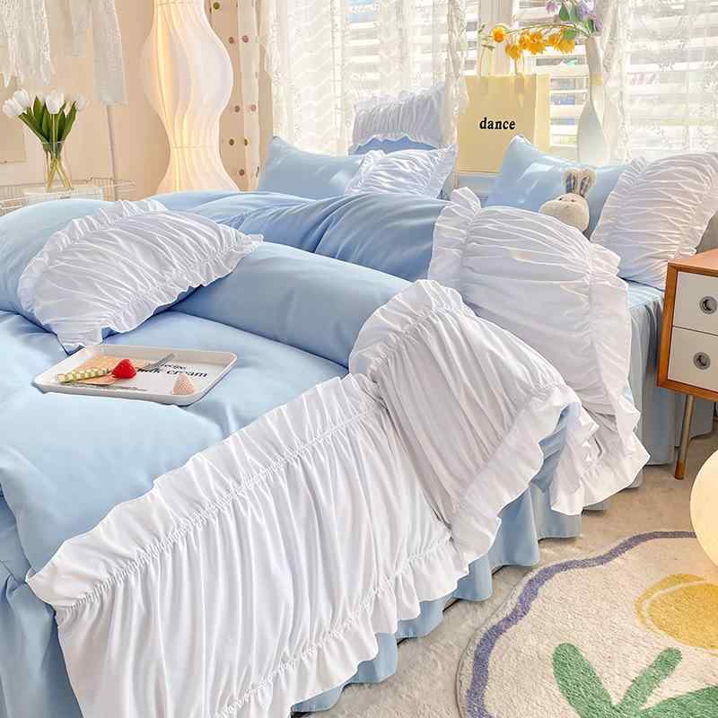 寝具 レディース プリンセス風 ベッドスカート 布団カバー 4点セット 洗える 水洗い加工 ポリエステル ..