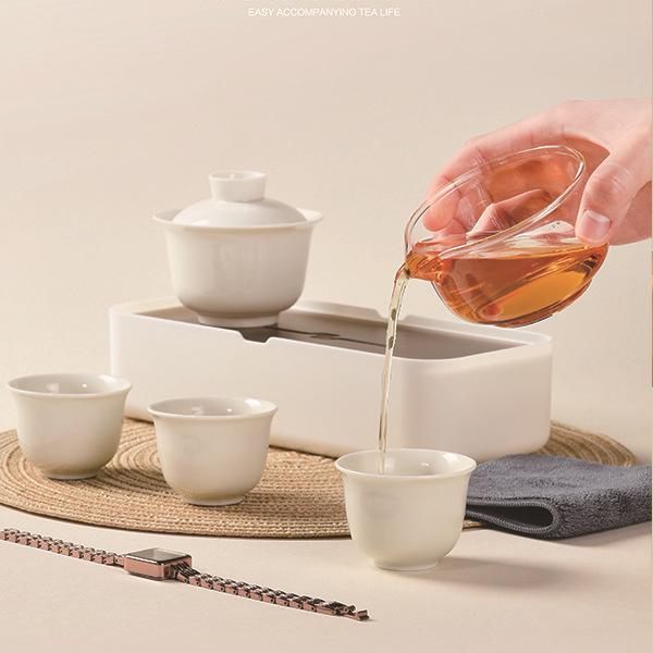茶器 蓋碗 1 壺 3 杯 セット 携帯用 旅行用 陶瓷 陶器 草木灰 米白 ビジネス 新中式