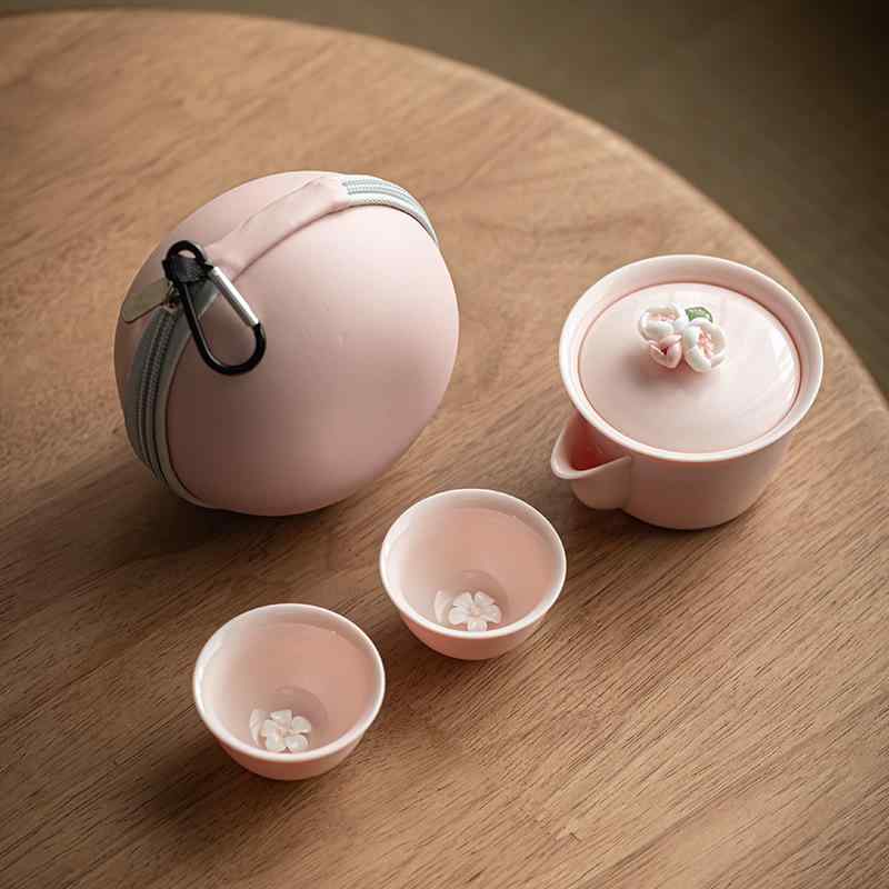茶器 レディース 携帯式 功夫茶 ティーポット セラミック ピンク 花柄 ボトル 水筒 収納バッグ付き アウトドア 旅行