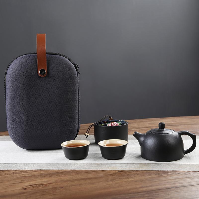 茶器セット 携帯用 旅行用 功夫茶 黒 керамика 急須 湯呑み 茶筒 陶器 ティーセット 煎茶道具