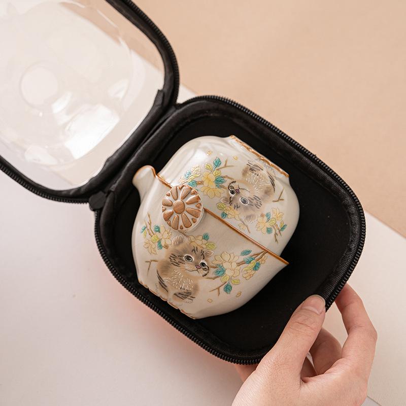 茶器 猫 かわいい 旅行用 茶具 セット 携帯用 急須 湯呑み 3客 功夫茶 陶器