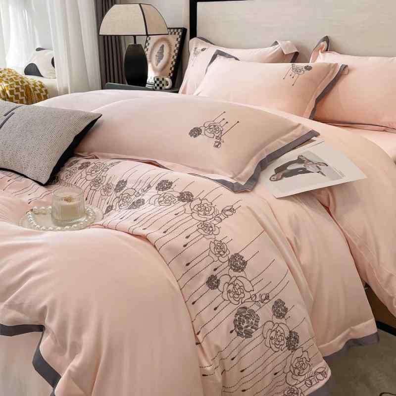 布団カバー ベッドシーツ 寝具 4点セット 120S 天絲 高級 長絨綿 贡缎 刺繡 レーヨン エレガント 花柄 マカロンピンク バニラ ムーンライト