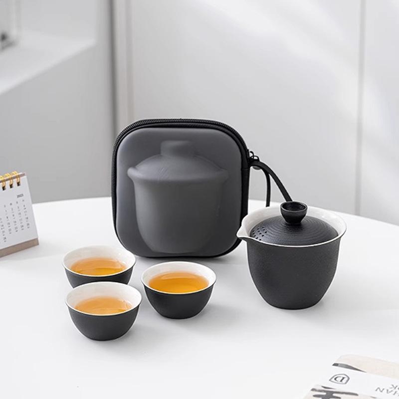 Accessories - 茶器セット 携帯用 急須 湯呑み 3点セット 陶器 ティーセット アウトドア キャンプ 湯呑 （ブラック） 旅行 記念品