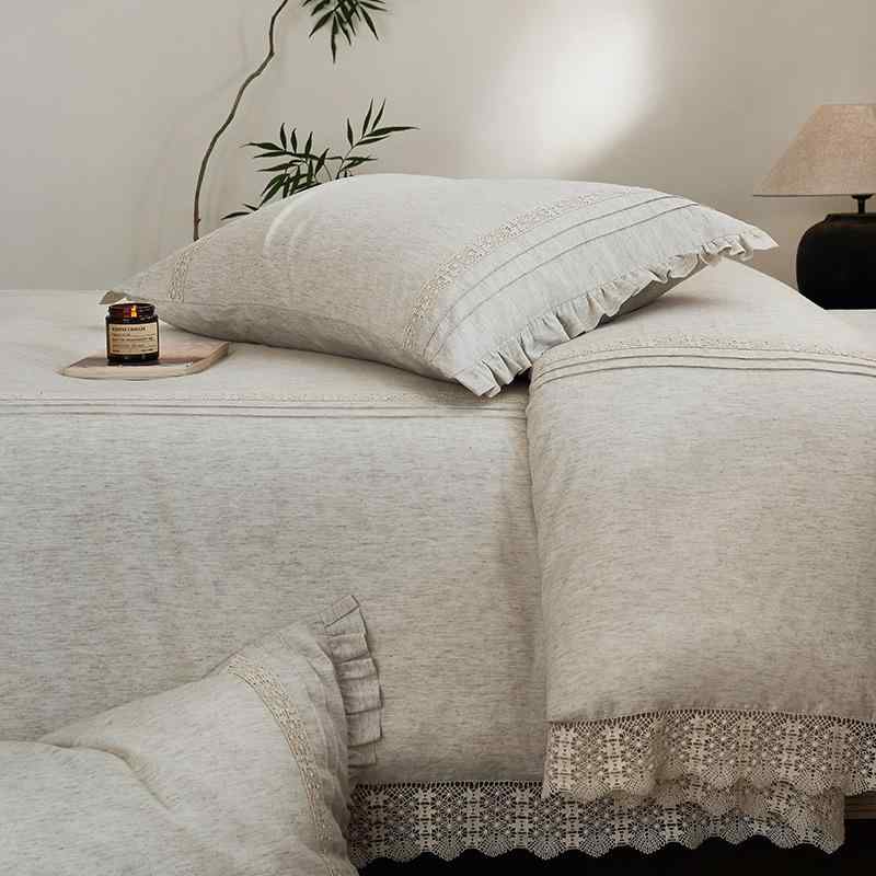 寝具 四点セット ベッドシーツ式 再生繊維 麻混紡 ストライプ 無地 レース フリル 薄手 ベッドカバー 枕カバー フレンチスタイル