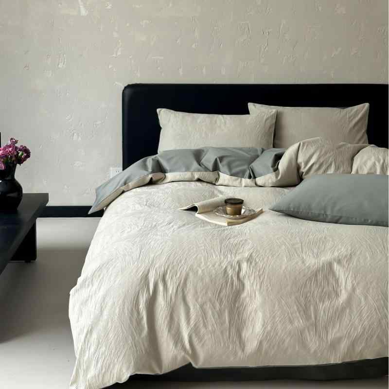 寝具カバーセット 4点セット ベッドシーツ式 綿100% 長繊維綿 贡缎 ジャガード織 無地 シンプル 高級感..