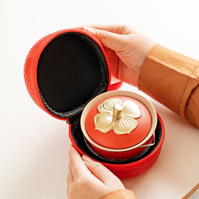 茶器 高級感 携帯用 柿モチーフ 功夫茶器 セット 陶器 急須 湯呑み2客 煎茶道具 ギフト