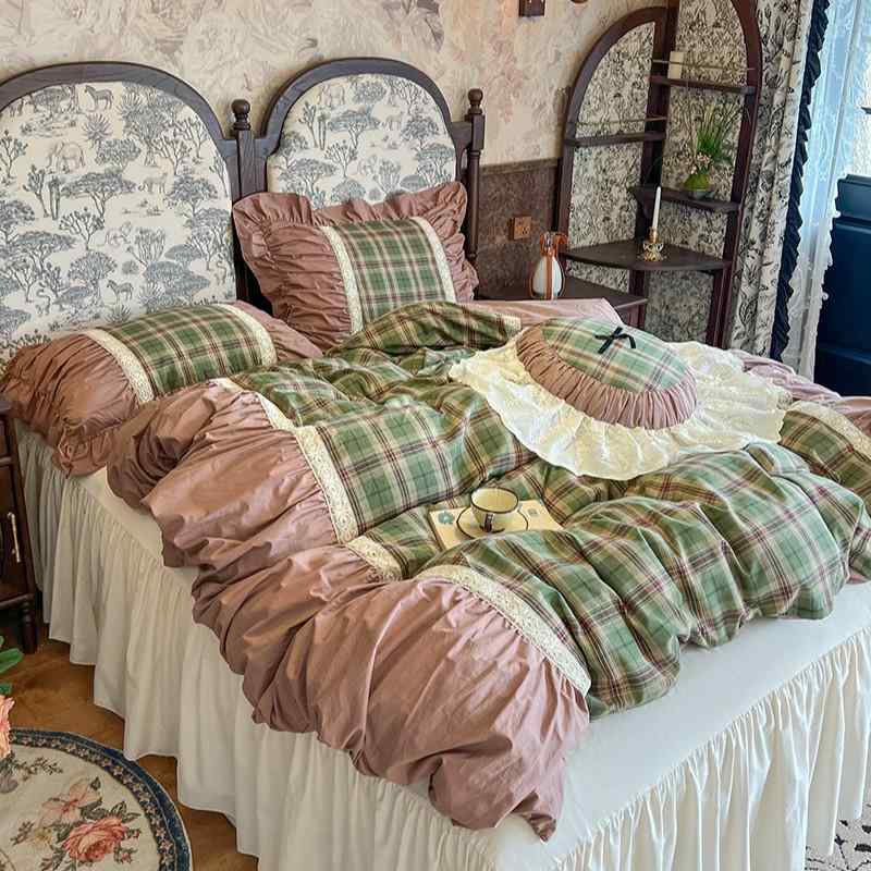 寝具 レディース 布団カバー ベッドスカート 4点セット コットン 格子柄 フレンチ レトロ プリンセススタイル