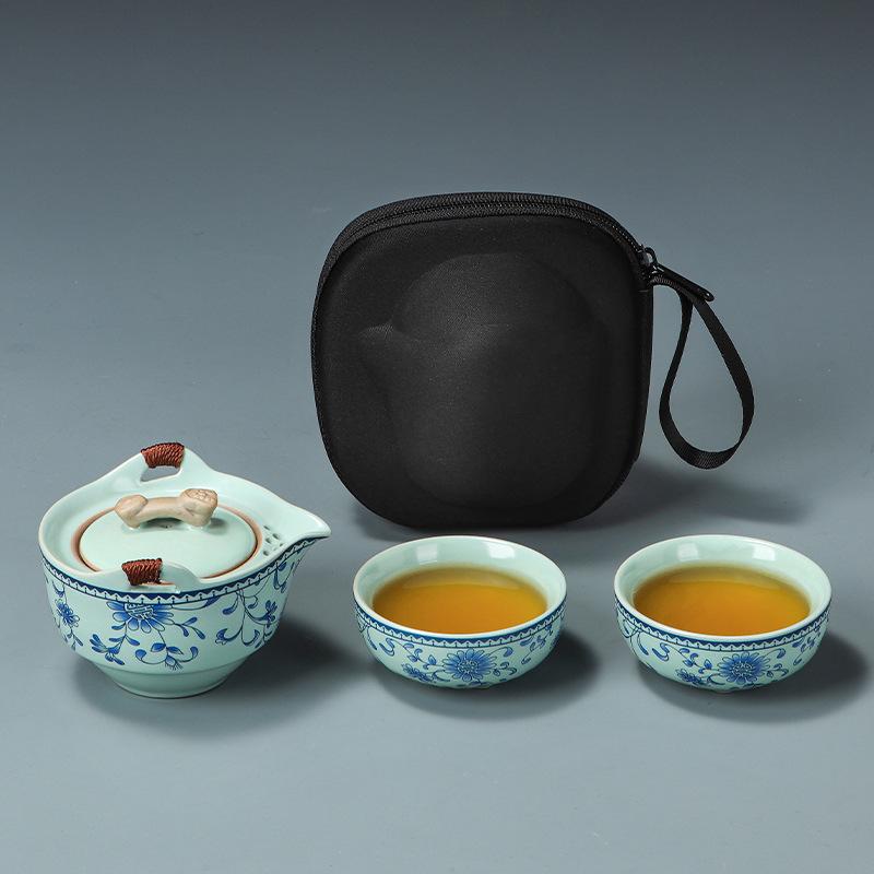 茶器 汝窑 天青 携帯型 茶器セット ティーポット カップ 2個付き 茶こし付き 陶器 简约 格調