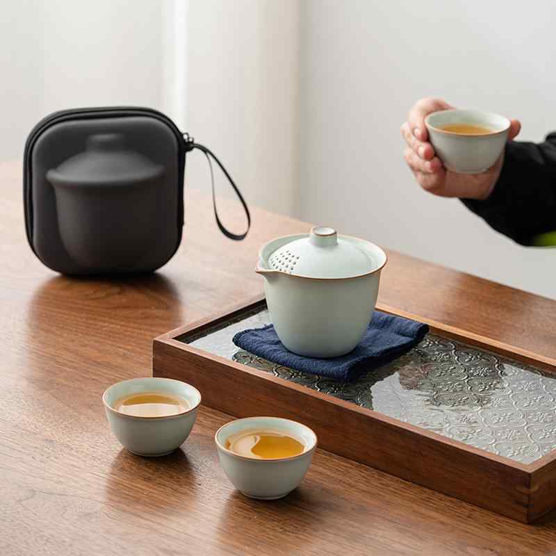 茶器セット 携帯用 旅行用 汝窑 陶瓷 一壶三杯 快客杯 商务 記念品 ミニ ティーセット おしゃれ シンプル(4)