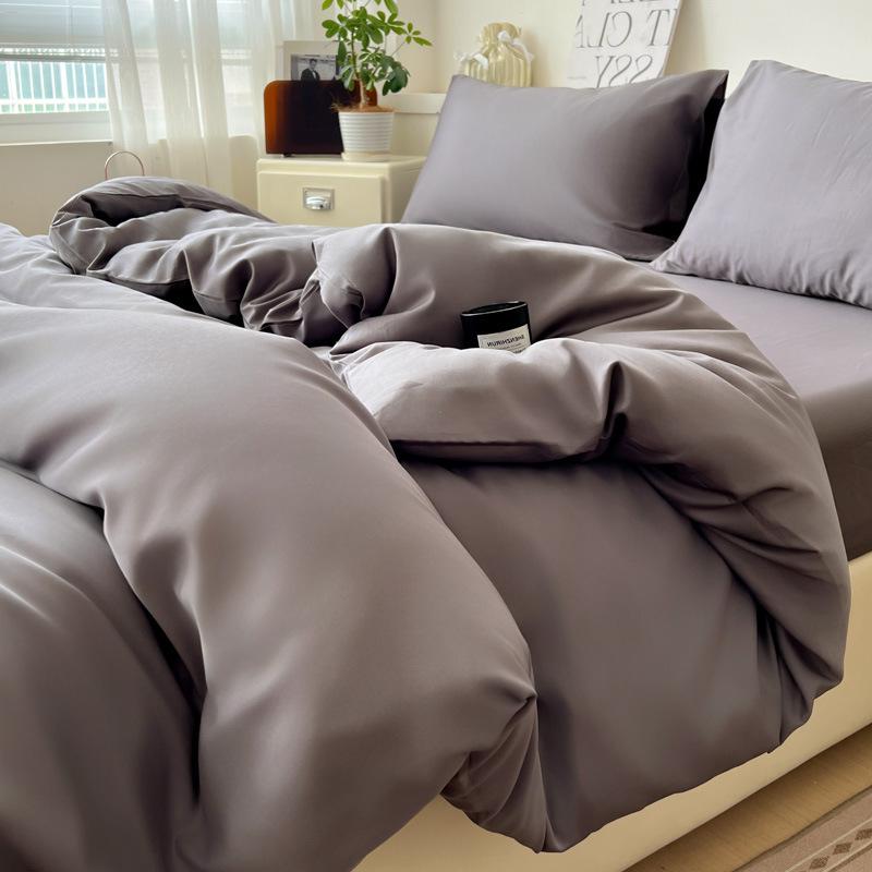 寝具 4点セット ベッドシーツ 掛け布団カバー ピローケース 綿100％ 無地 ベッド用 寝具セット 深海ブルー 海塩ブルー 紫 古典グレー 抹茶グリーン 白桃 少女ピンク 暖陽イエロー ベッドシーツタイプ(3.0)