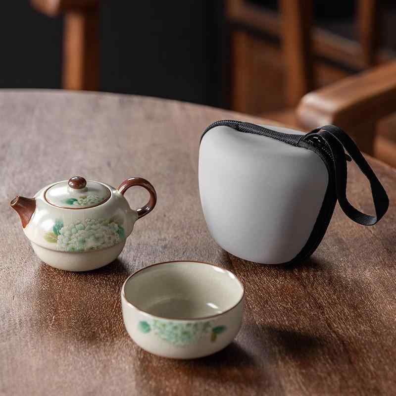 茶器セット 携帯用 旅行用 汝窑 绣球花柄 茶器 ティーセット 車載用 陶器 湯呑み