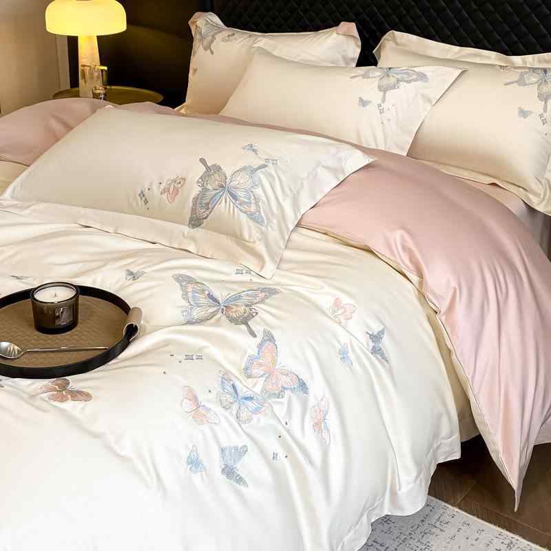 寝具 レディース 新疆長絨綿 ベッドシーツ 布団カバー 4点セット 刺繡 綿100％ 80番手 活性染色 ベッド用品 白 ピンク系 ブルー系