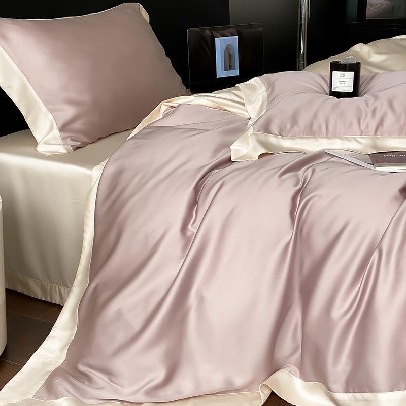 四点セット 寝具 ラン精 天糸 ベッドシーツ 掛け布団 接触冷感 涼感 絹 シルク風 無地 風信紫 砂石緑 肉桂粉 松露棕 貝殻粉 暮雲灰 プロヴァンス紫 天空藍 象牙緑 橡木棕 氷川藍 月光白 復古緑 緑野 木署灰 桜花粉