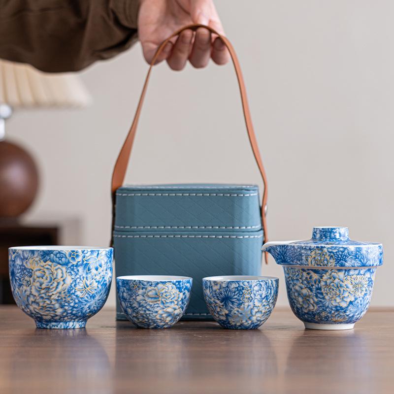 茶器 携帯用 急須 湯呑み セット 陶器 琺瑯彩 中国風 旅行 記念品